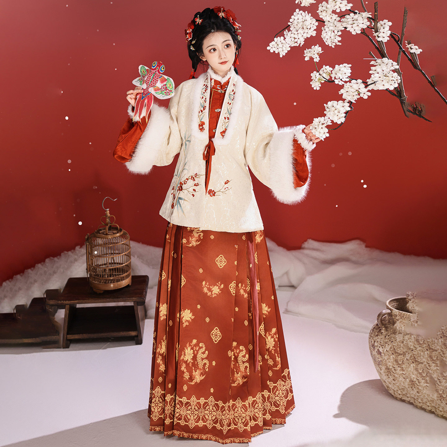 改良新品汉服女 一炉春雪 冬季短袄外套琵琶袖内搭马面裙加绒套装,淘宝优惠券,粉丝福利购,淘宝优惠卷