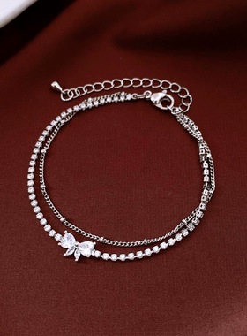 14K真金电镀蝴蝶结双层吊坠手链ins轻奢风时尚手环气质个性手饰女