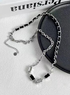 黑白宝石拼接项链小众设计冷淡风锁骨链颈链男女通用个性嘻哈项饰