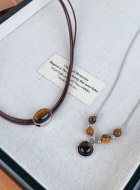 复古项链女气质choker皮革虎眼石轻奢小众颈链叠戴中式毛衣链配饰