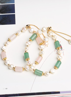 天然玉石东陵玉桶珠手链 巴洛克不规则珍珠简约气质14k包金手串女