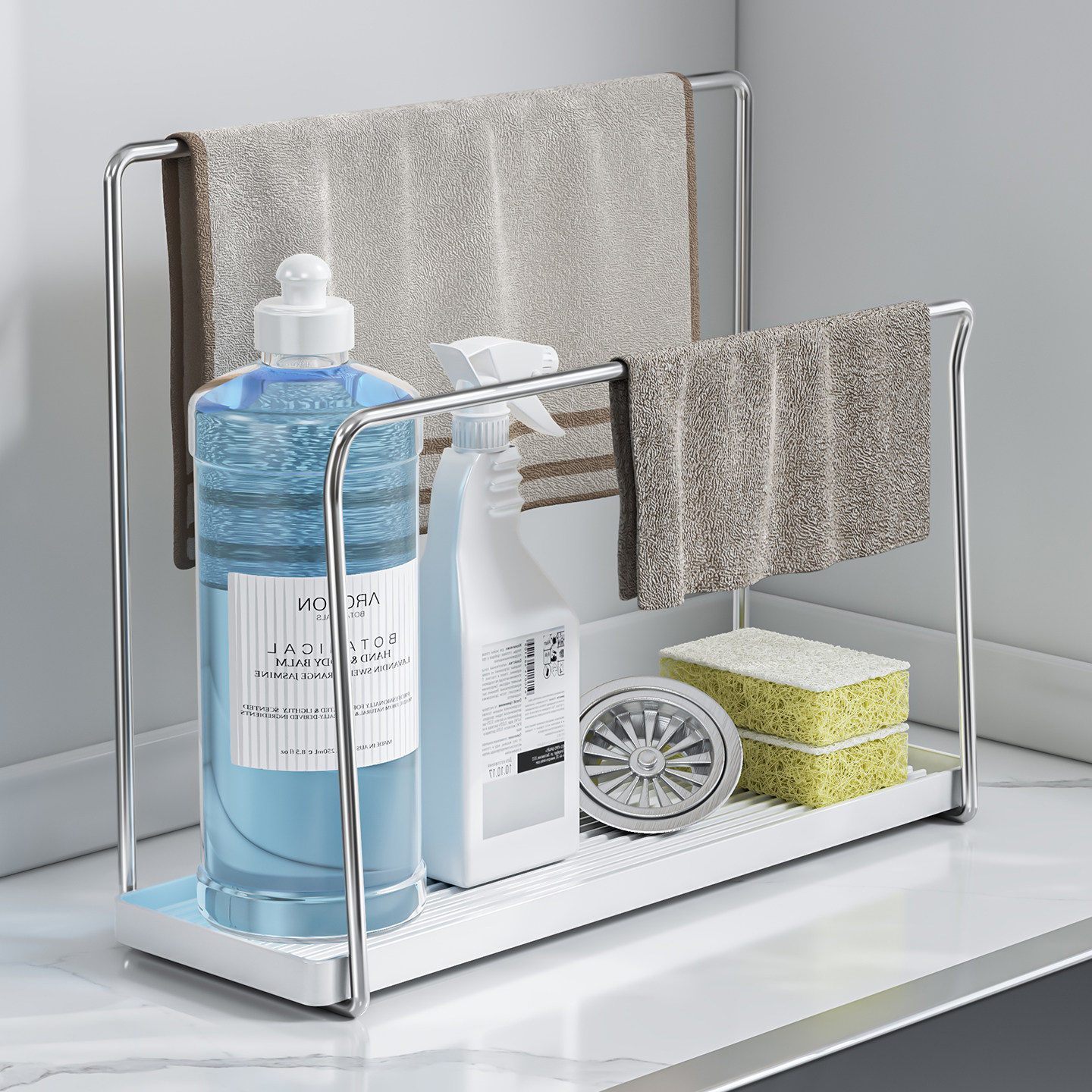 304不锈钢抹布架厨房台面沥水架带接水盘洗碗布挂杆水槽边置物架,淘宝优惠券,粉丝福利购,淘宝优惠卷