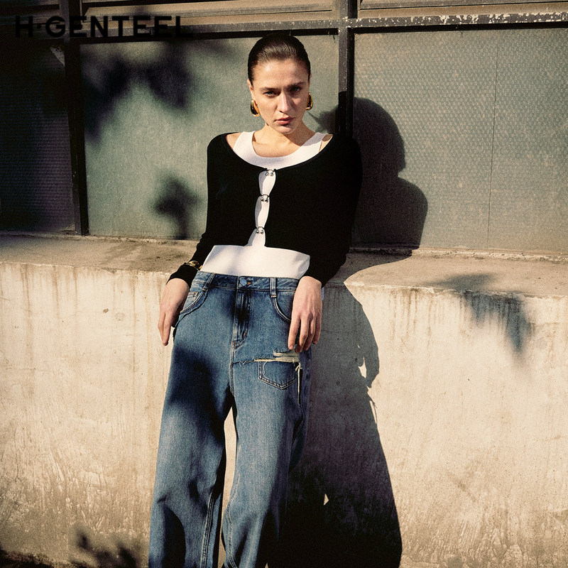 H·GENTEEL荷高新款春装女黑白撞色简约圆领套头针织衫,淘宝优惠券,粉丝福利购,淘宝优惠卷