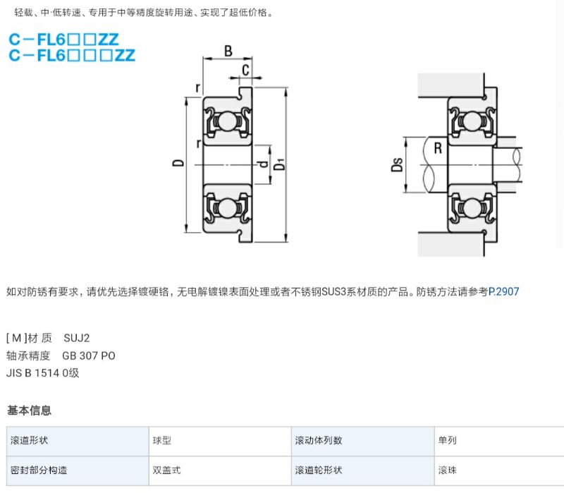 双盖式 带法兰滚珠轴承 C- FL6704ZZ FL6800ZZ FL6801ZZ FL6802ZZ - 图0