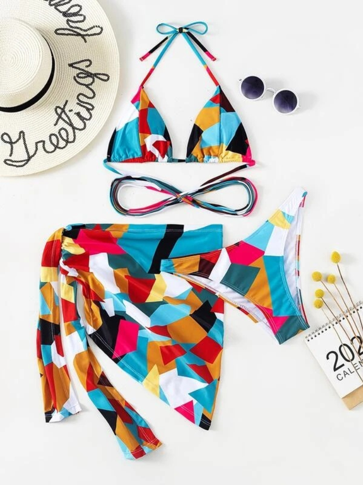 Check Print Lace-Up Three-Piece Swimsuit格纹印花系带性感泳衣 - 图0