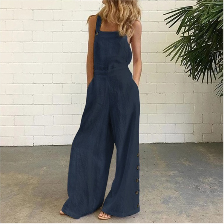 Solid Color Sleeveless Buttoned Wide Leg Pants 带纽扣阔腿裤 - 图2