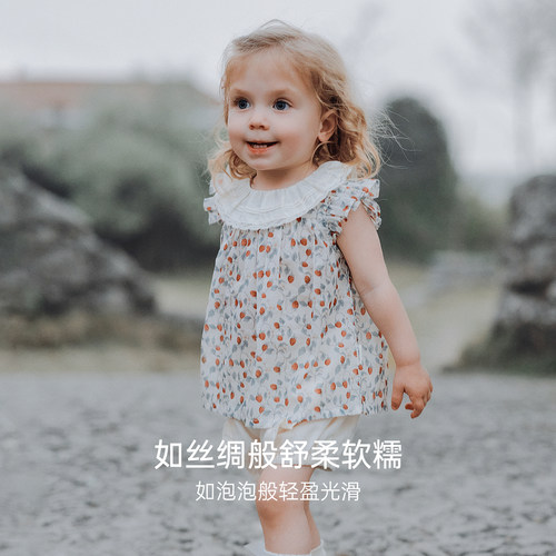 OAK FAMILY夏季宝宝上衣宽松全棉府绸小飞袖圆领女童T恤 - 图1