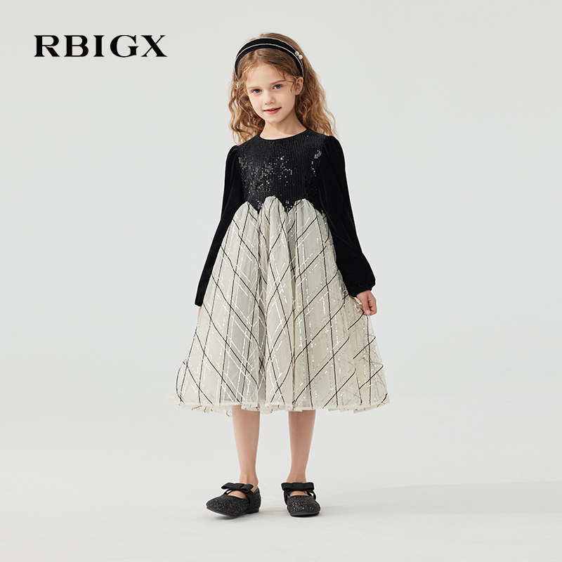 RBIGX瑞比克童装2025冬季新款女童拼接礼服珠片设计感礼服连衣裙 - 图0