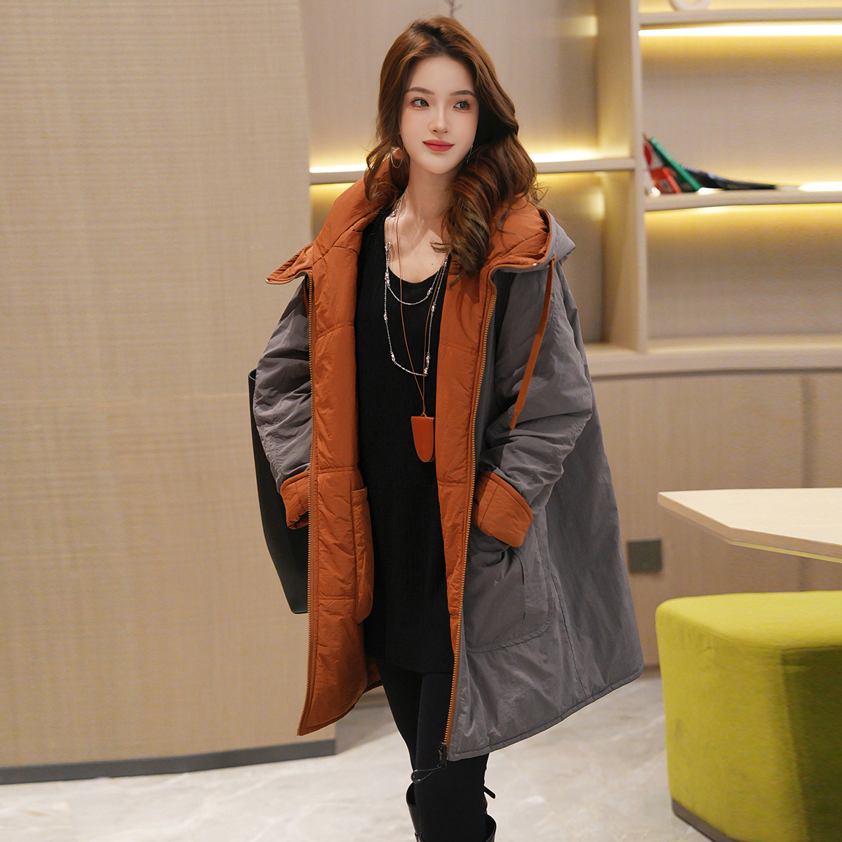 Linda大姐姐 双面撞色冬季时尚气质休闲宽松百搭连帽棉服外套 - 图2