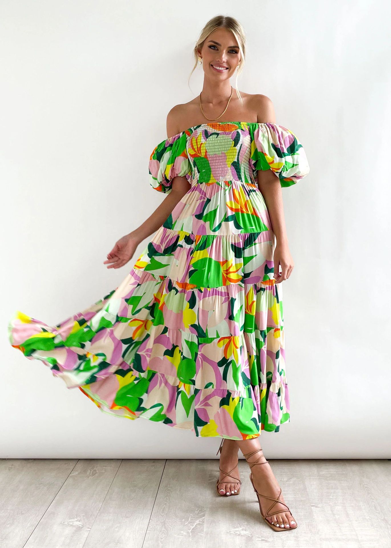 Print patchwork frock with puffy sleeves印花拼接泡泡袖连衣裙 - 图2