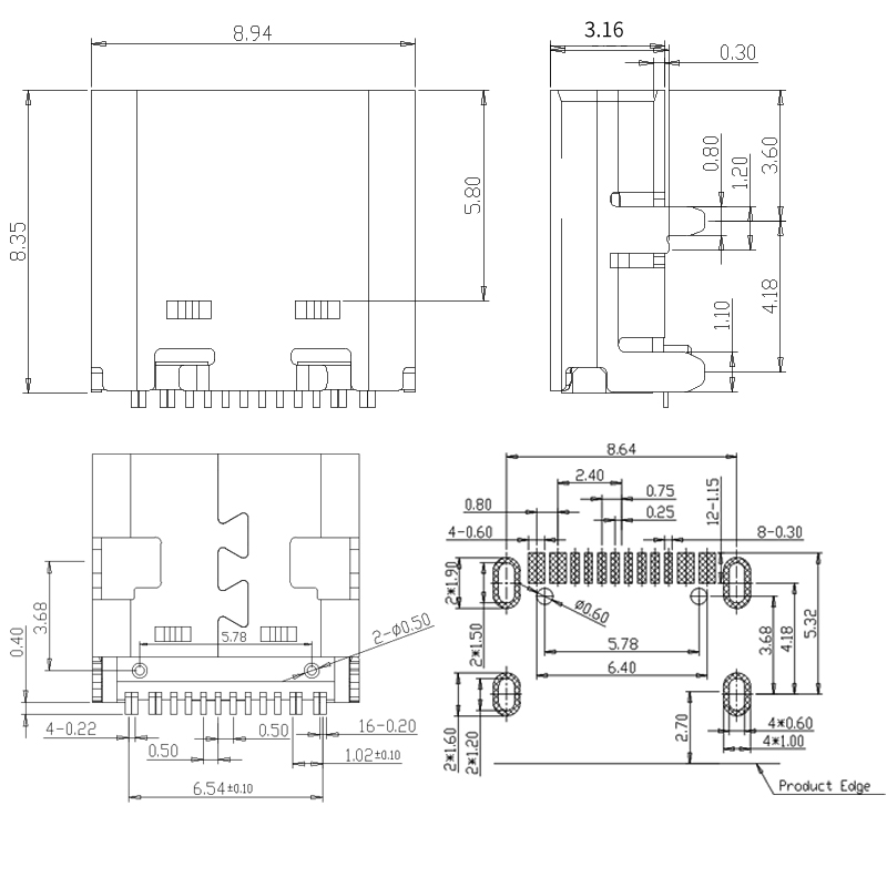 TYPE-C母座16P板上四脚DIP L=8.35m/10.0mm TYPE-C16PIN加长款-图2