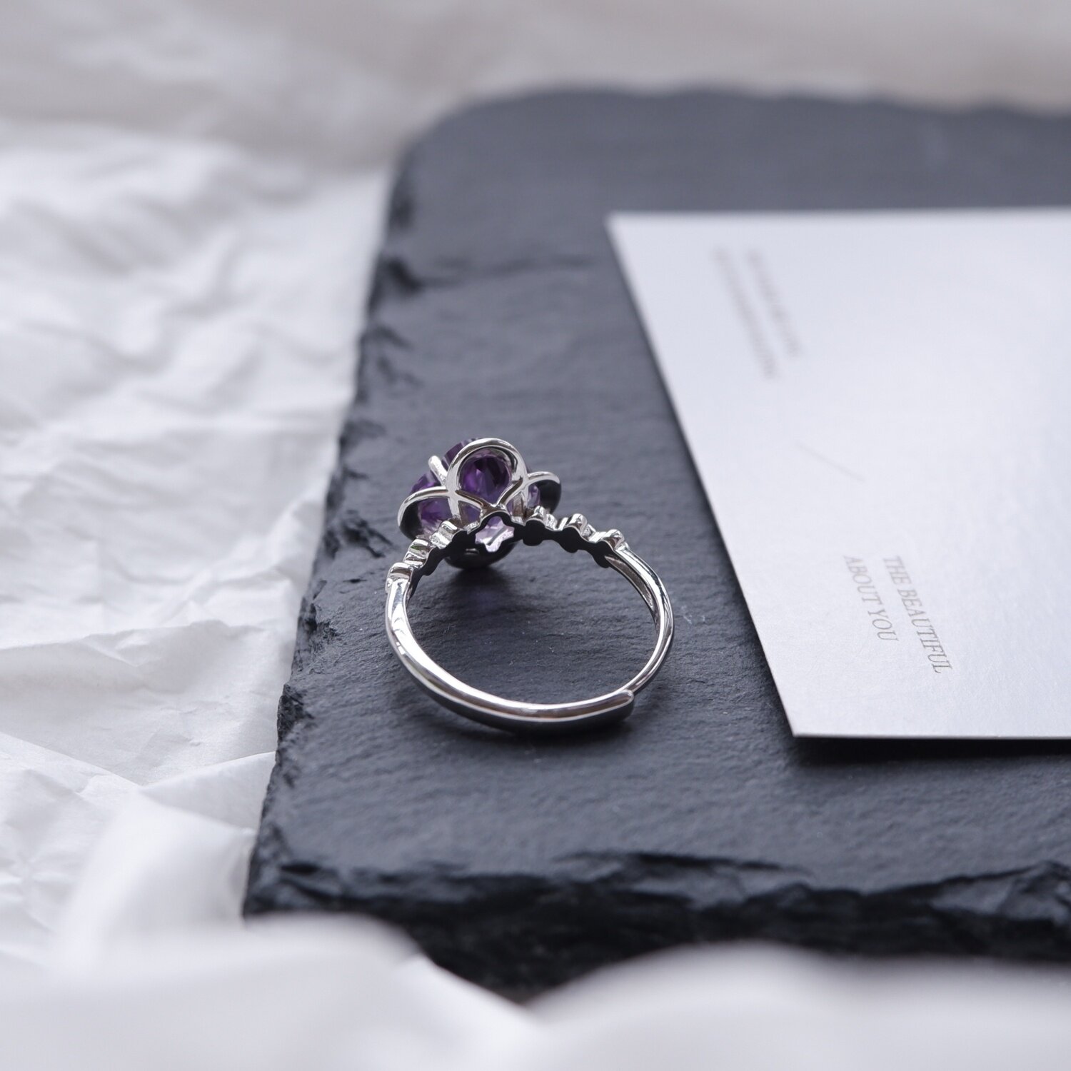Four-leaf clover sterling silver amethyst ring light luxury index finger ring