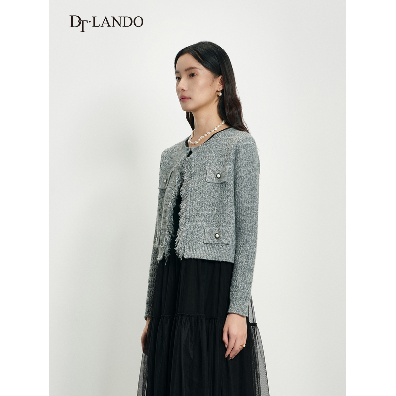 DTLANDO/商场同款25秋新品女装小香风灰色优雅针织开衫外套上衣 - 图0