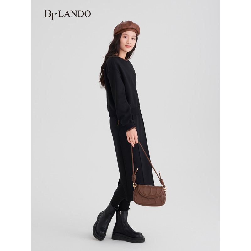 DTLANDO半身裙春季女休闲抽绳设计感直筒黑色H型卫裙半裙
