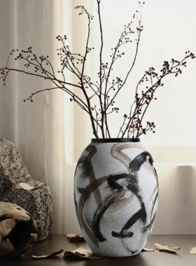 复古小众艺术陶瓷花瓶摆件客厅插花侘寂风玄关现代简约陶罐装饰品
