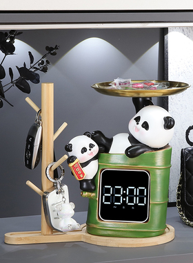 可爱熊猫时钟表摆台式桌面摆件卧室客厅家居装饰品入户门玄关收纳