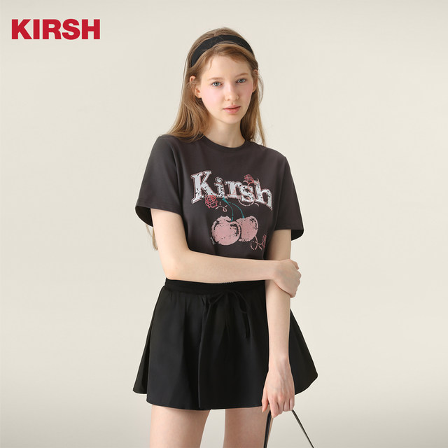 Cherry KIRSH ເສື້ອຍືດແຂນສັ້ນພິມແບບກົງກັນຂ້າມແບບເກົາຫຼີ