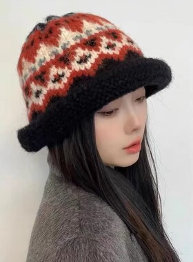 民族风渔夫帽女秋冬百搭针织手工