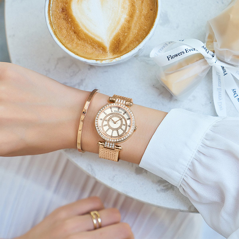 【自营】GUESS手表 时尚腕表玫瑰金水晶复古休闲女士手表