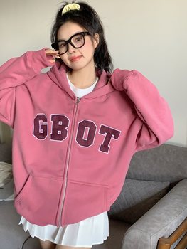 GBOT DAT letter cardigan sweatshirt trendy brand casual hooded zipper pocket loose hip-hop autumn couple coat