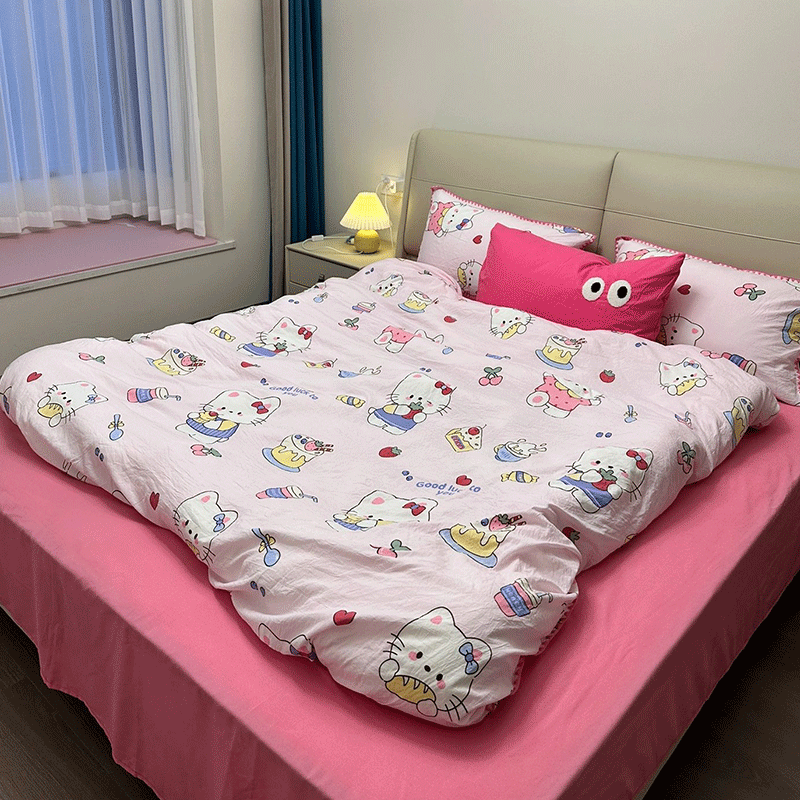 hellokitty床单被套四件套家用宿舍少女心粉色可爱猫咪水洗双层纱 - 图0