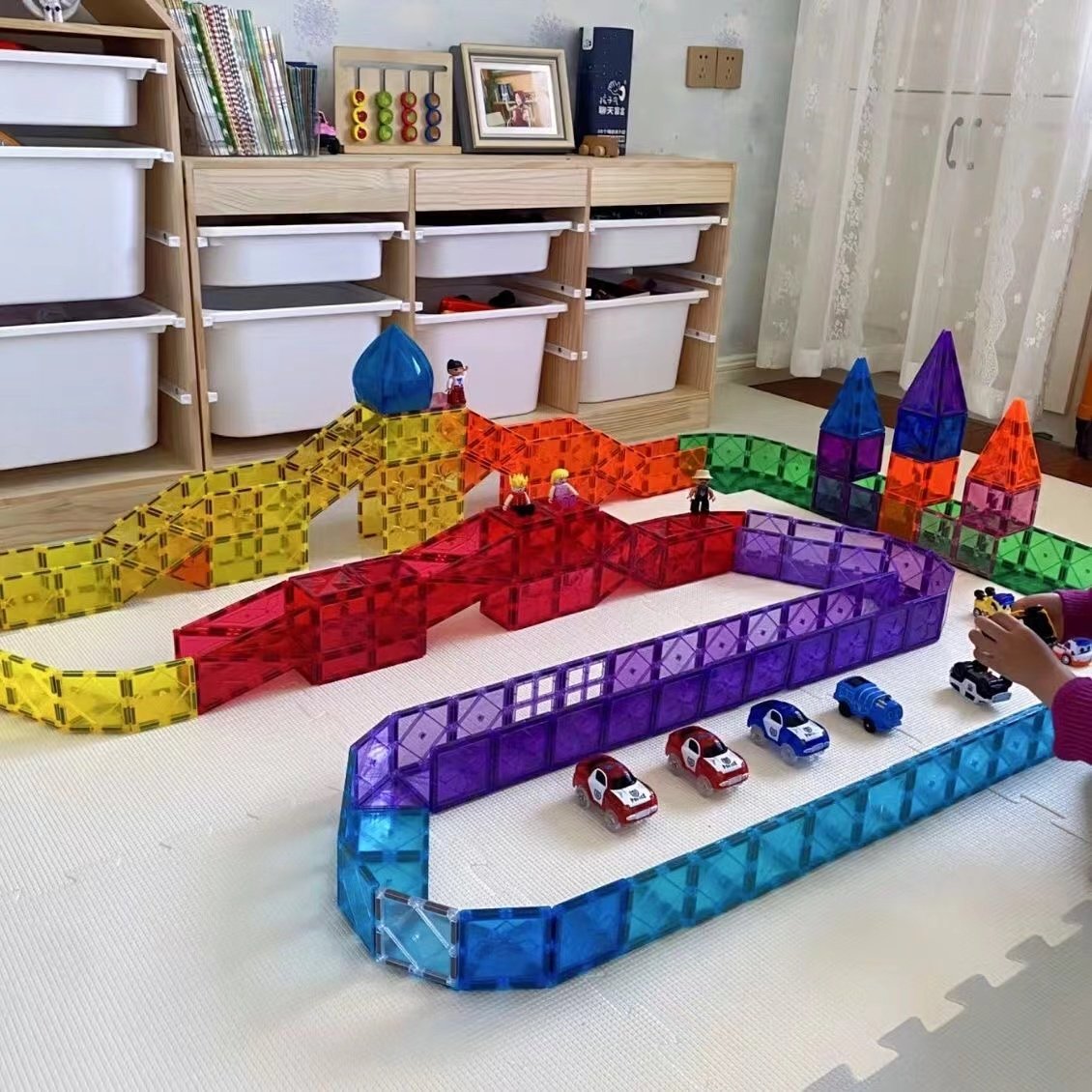 彩窗磁力片轨道车交通警车赛车吉普电动发光车轨道儿童玩具小汽车,淘宝优惠券,粉丝福利购,淘宝优惠卷