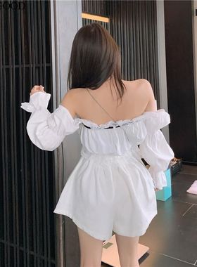 Women's white ruffle short shirt top女士白色荷叶边短衬衫上衣