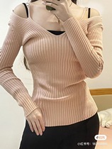 Autumn new show lady with pink two V collar pure desire to hit bottom 2107 Spring-style Pei-wise hanging sweater fake wind-knitted sweatshirt