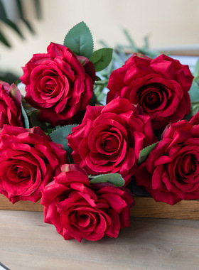 新批发仿真玫瑰花绢花 家居客厅装饰摆件人造单支红色玫瑰假花束