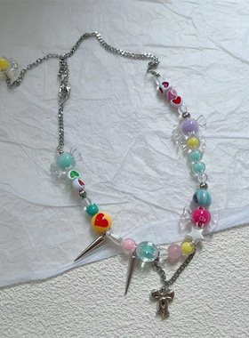 敲适合夏天滴彩虹糖果项链女小众配饰网红甜酷辣妹锁骨链潮