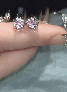 粉色蝴蝶结锆石戒指女夏2023年新款小众设计指环开口可调节食指戒