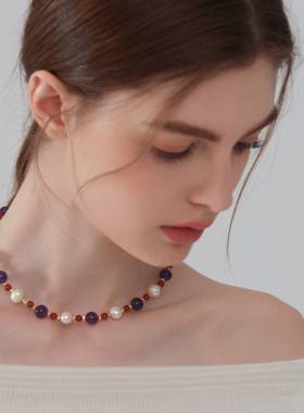 紫水晶红玛瑙珍珠项链铜镀金