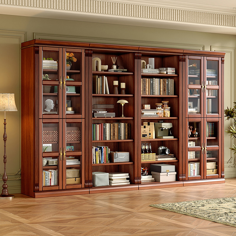 美式复古实木书柜书房组合书架桃花心木玻璃门一体抽屉储物置物柜,淘宝优惠券,粉丝福利购,淘宝优惠卷