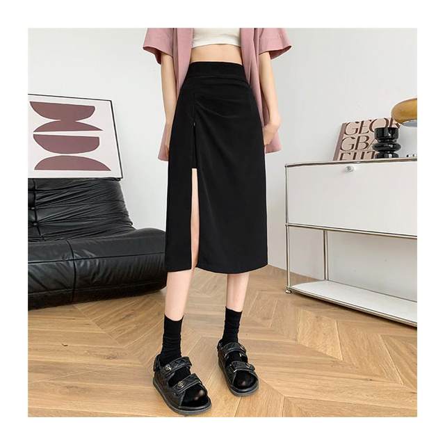 Pleated zipper slit skirt for women summer high-waisted irregular A-line skirt for small people Korean style versatile mid-length skirt