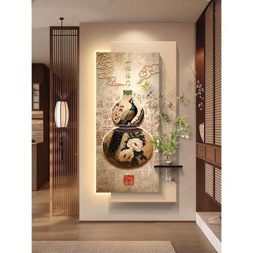 新中式九鱼图玄关装饰画入户正对门挂画葫芦客厅走廊过道壁画灯画 - 图2