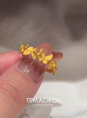 S925纯银中古风金色蝴蝶戒指小众