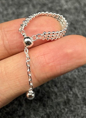 S925纯银双层圆珠可抽拉流苏戒指