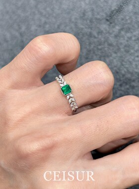 S925纯银复古树叶绿色方形戒指女
