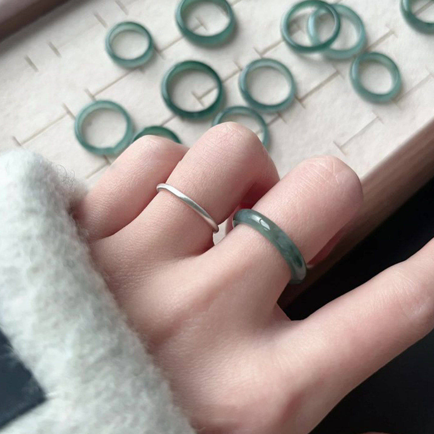 S925 sterling silver cool style imitation jade ring ring for women