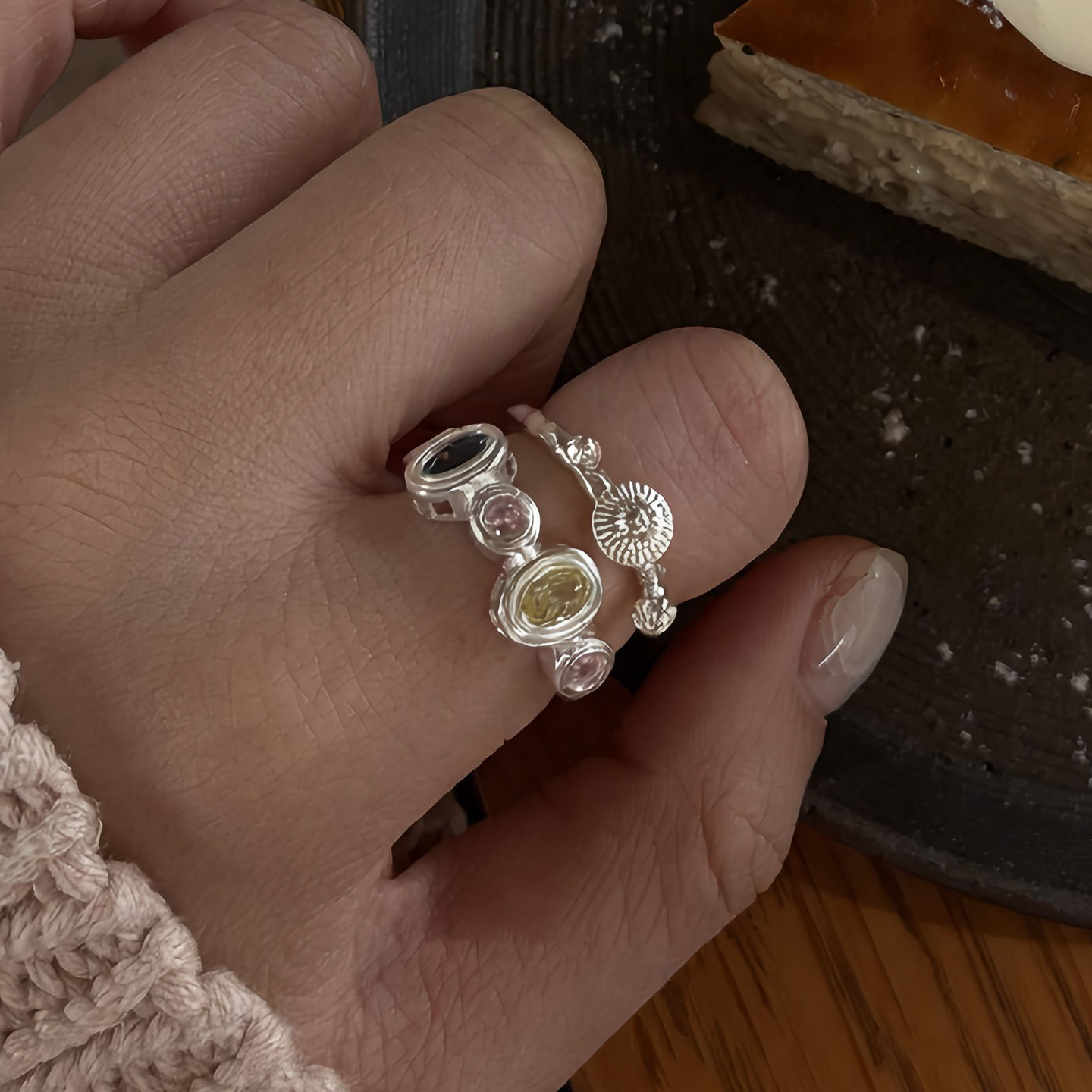 Korean style ins silver ring for women small colorful mushroom oval