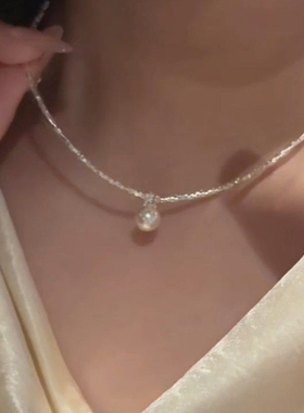 S925纯银碎银子仿珍珠吊坠项链女