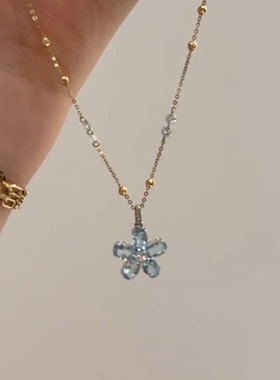 s925纯银蓝色透明花朵项链清冷感