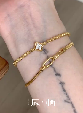 复古老钱风金色蛇骨双扣手链女