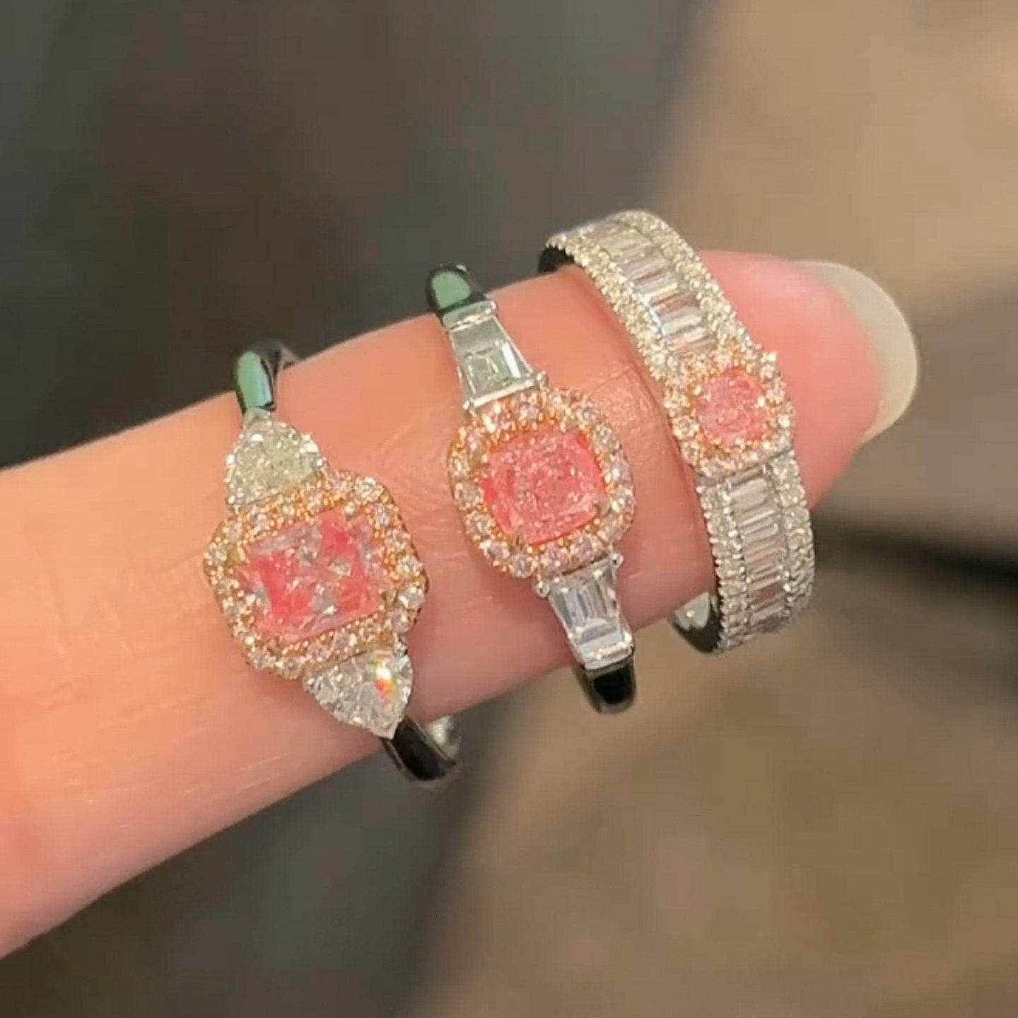 S925 sterling silver peach pink water drop diamond ring for women