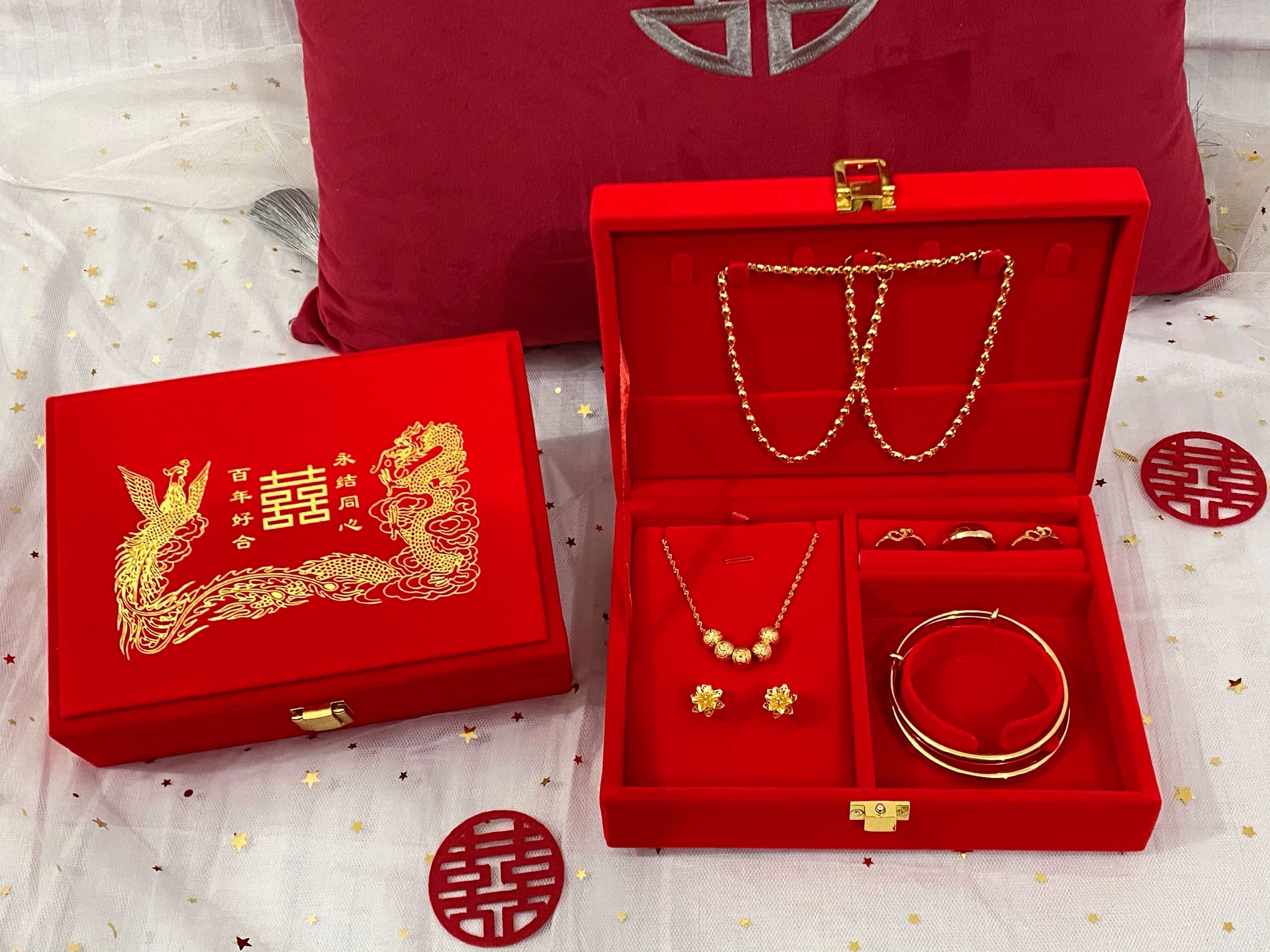 Married sanjin gold jewelry box dowry jewelry set box - 图1