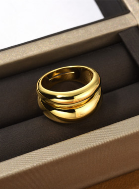 新品简约凯旋门系列欧美高级金属铜镀18k真金双层指环女时尚戒指