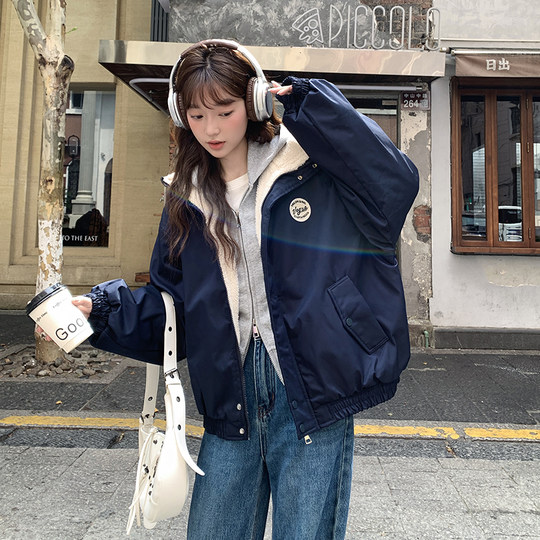 American thickened lamb plush jacket for women 2025 winter new casual all-match baseball cotton jacket