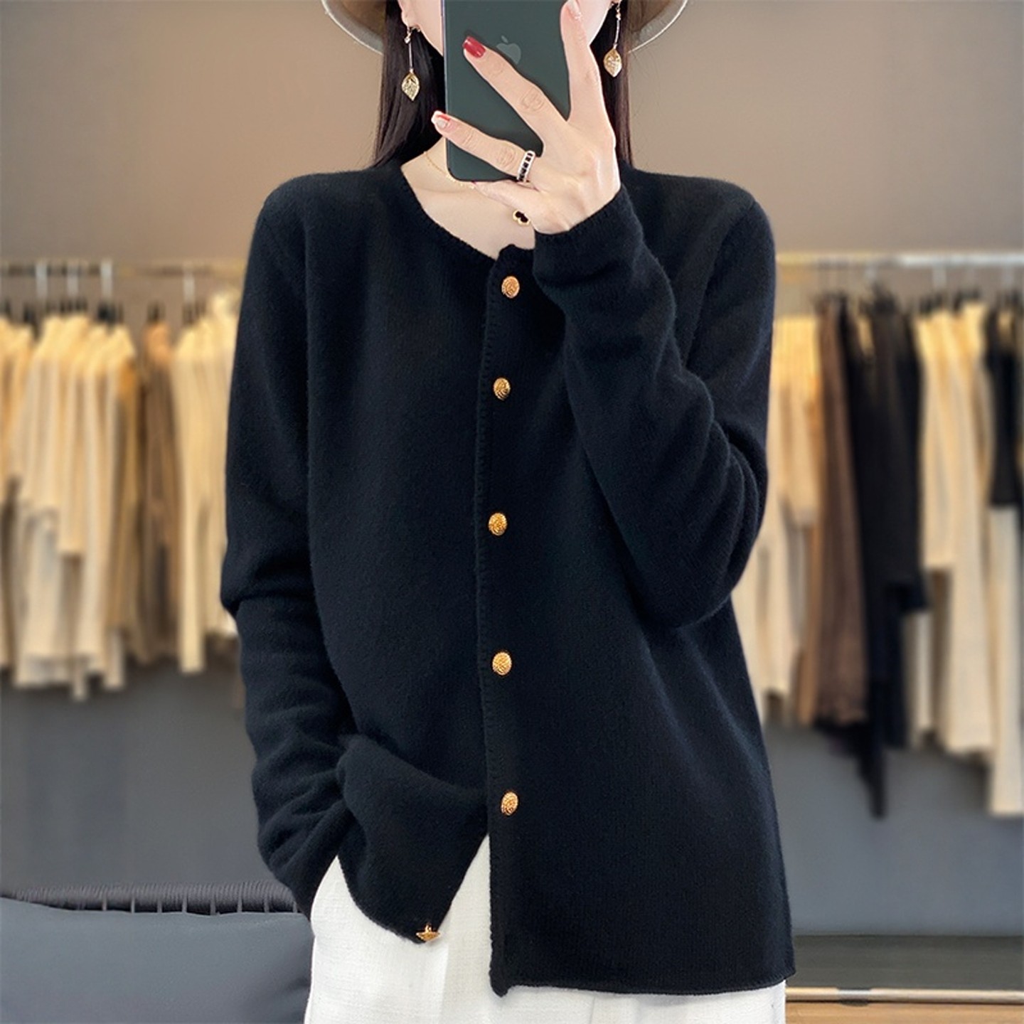 时尚朗姿秋冬新款红色百搭纯羊绒针织开衫女圆领宽松长袖毛衣外套,淘宝优惠券,粉丝福利购,淘宝优惠卷