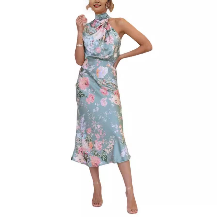 Sleeveless halter neck satin dress for women - 图3