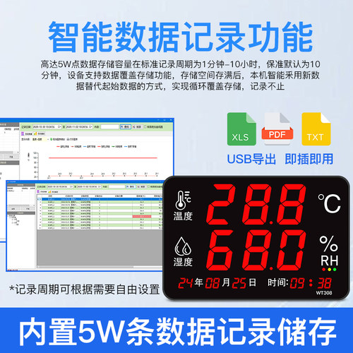 温湿度记录仪表工业仓库车间RS485通讯可导出数据温湿度计WT308G - 图2